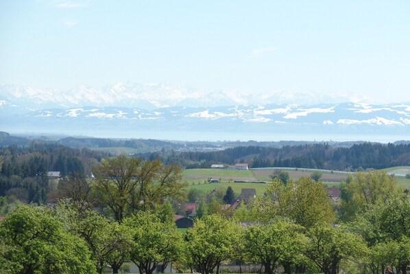 A rural landscape with houses, trees, and distant mountains.