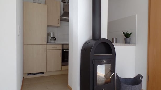 A compact kitchen with a built-in wood stove, a coffee maker, and a potted plant.