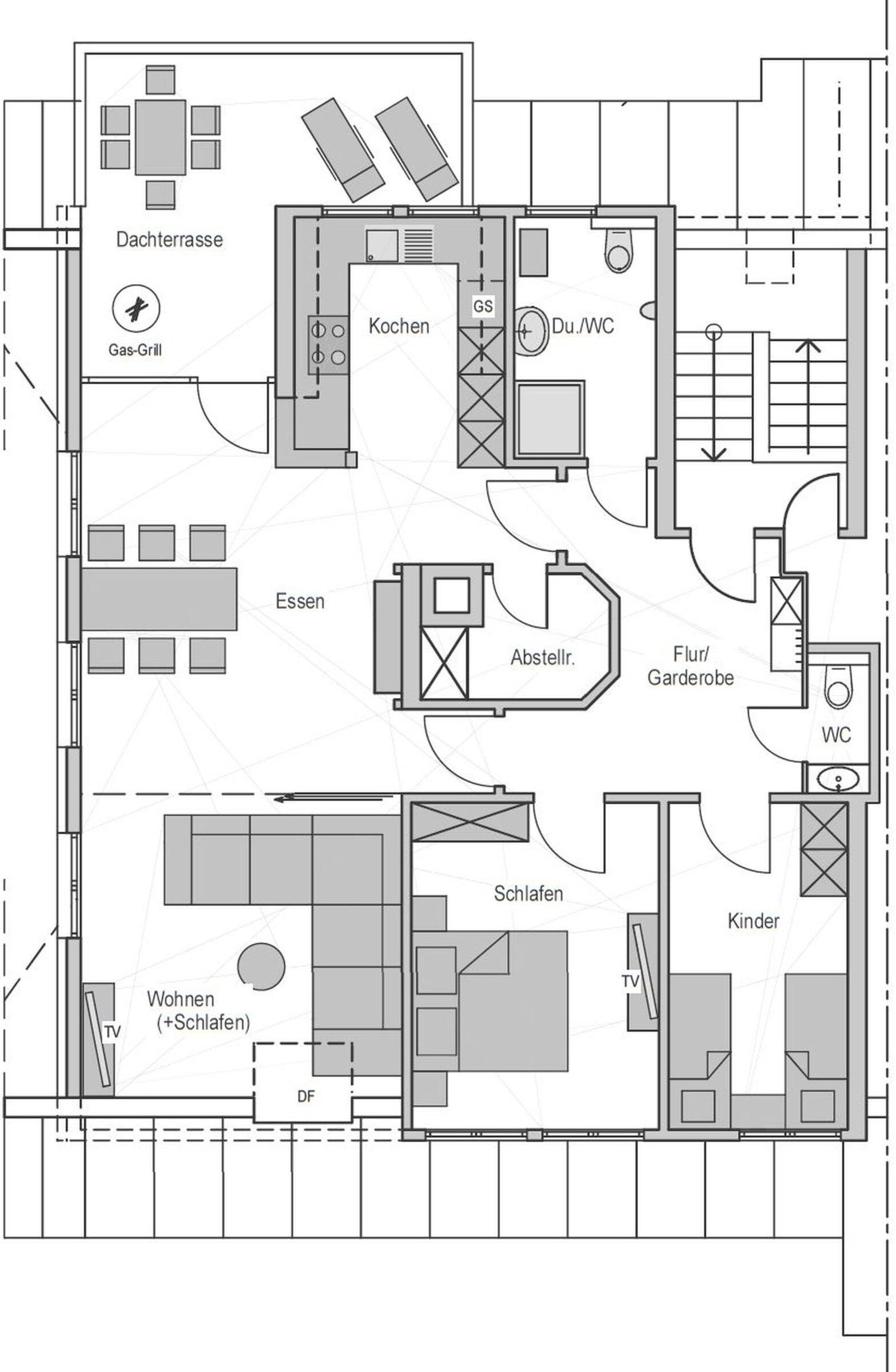 A floor plan with a kitchen, dining area, living room, and separate WC.