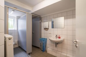 Une salle de bain équipée de toilettes, d’un lavabo, d’un miroir et d’une poubelle bleue.