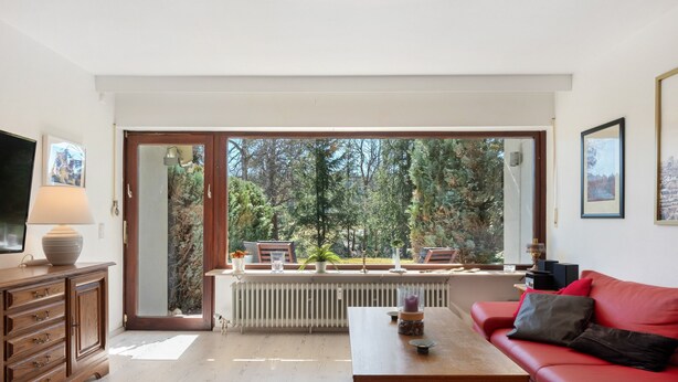 Ein Wohnzimmer mit einem roten Sofa, einem Holztisch, einem Fernseher auf einem Schrank und einem großen Fenster mit Blick auf Bäume.