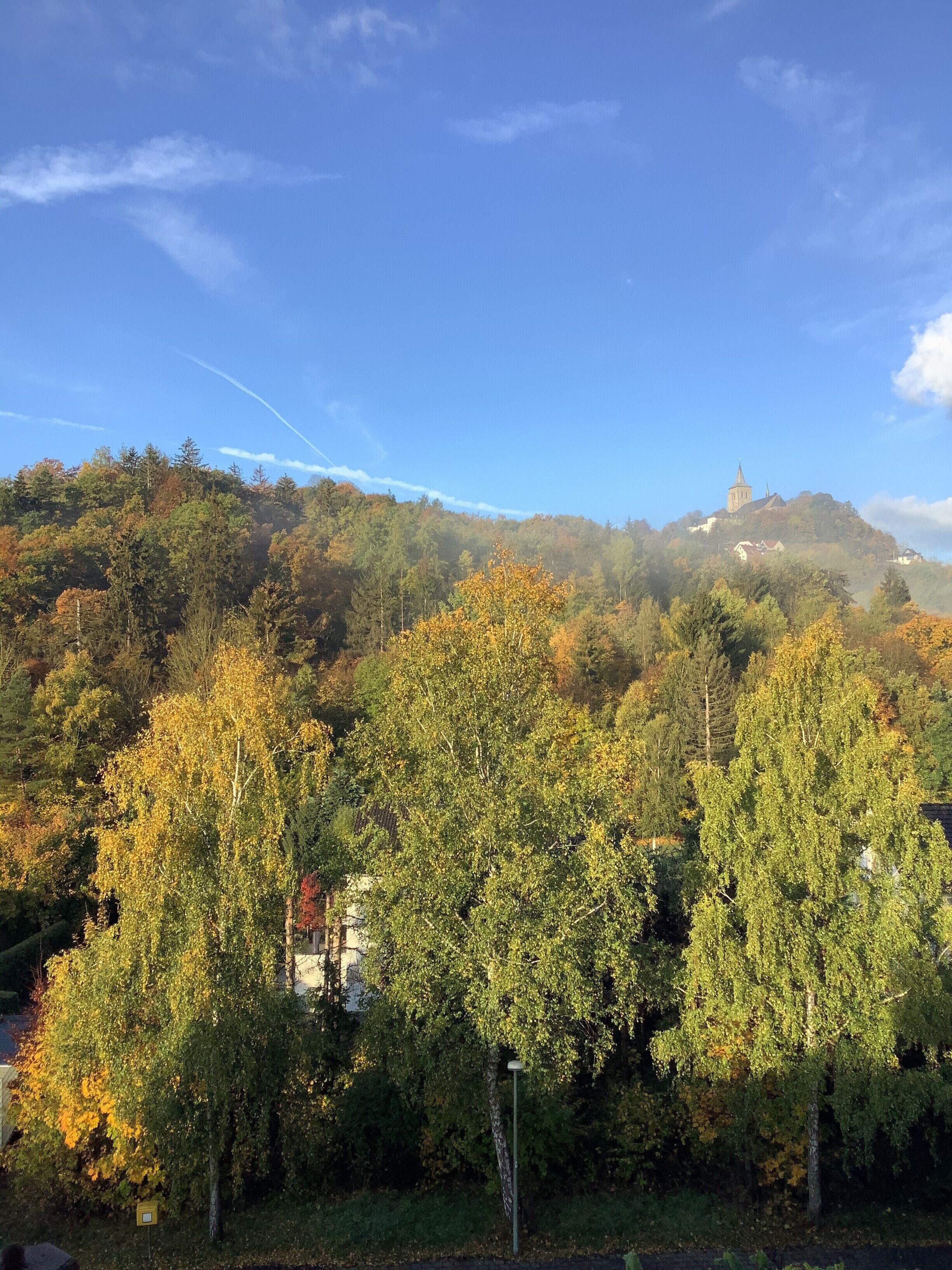 Aussicht von einem Hügel mit einer Kirche, dichtem Baumbestand und blauem Himmel.