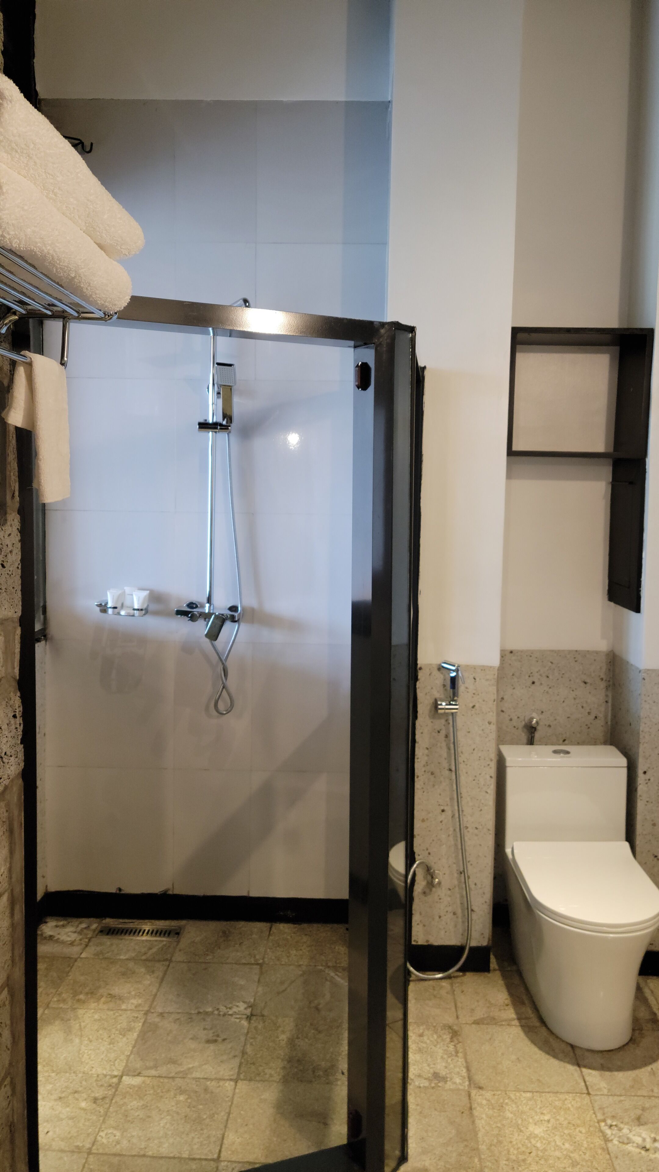 A modern bathroom with a glass-enclosed shower, a toilet, and a towel rack.