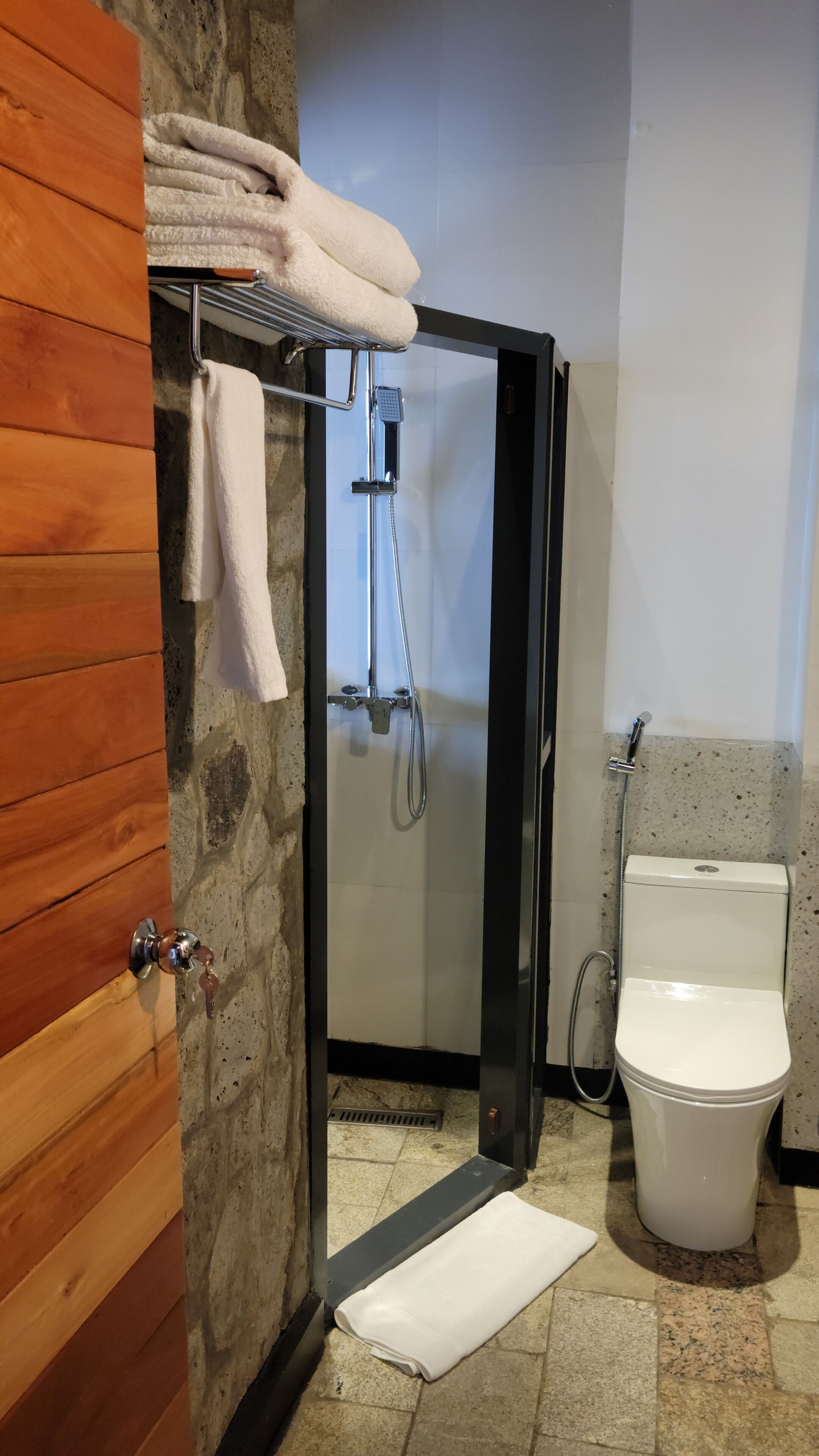A bathroom with a shower, toilet, and a towel rack.