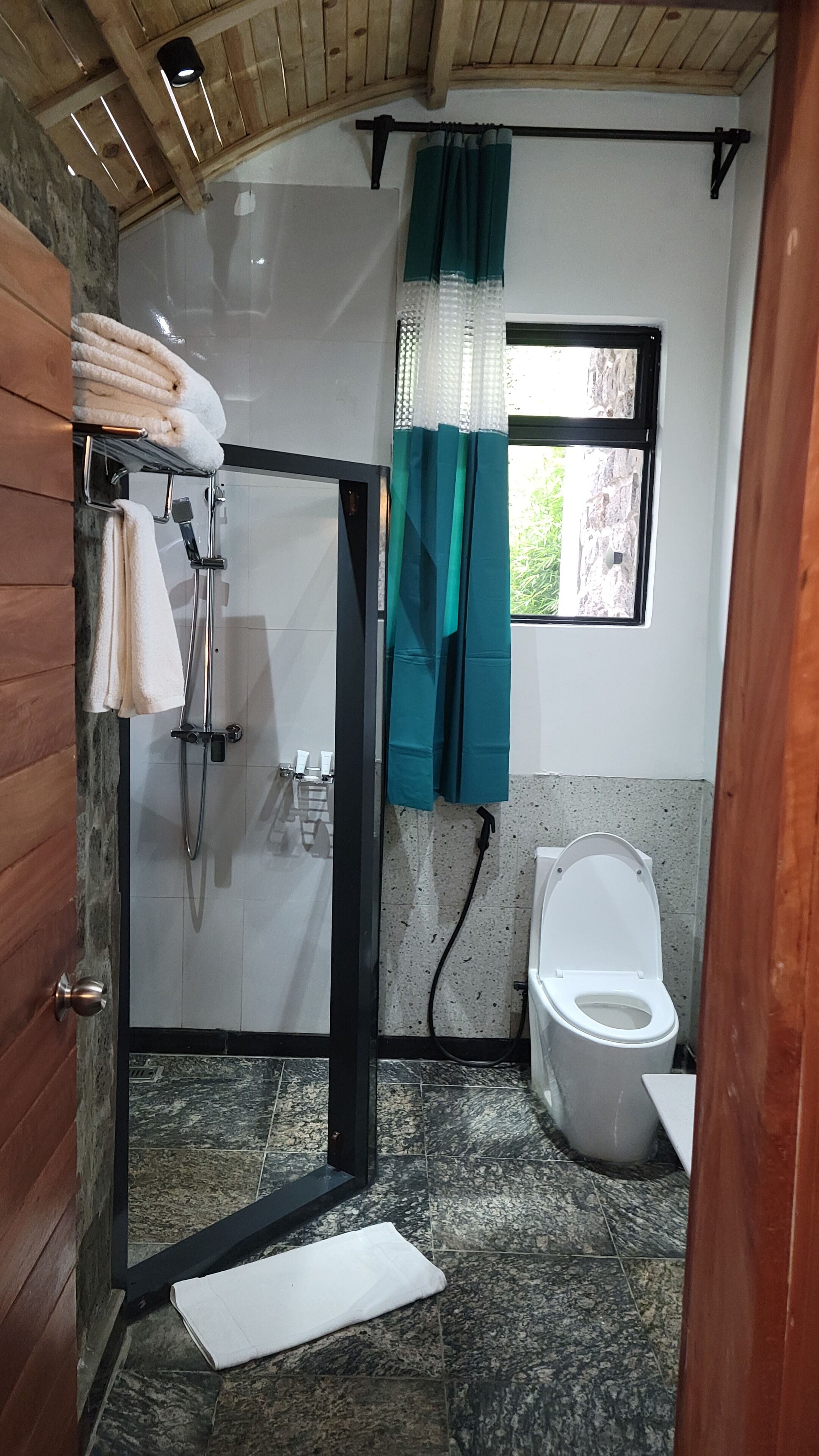 Un bagno con doccia, WC e una finestra.