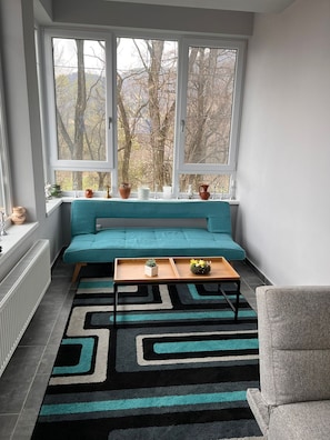 A modern room with a teal sofa, a wooden coffee table, and a black and teal rug. - Premont Guesthouse Bran (Bran)