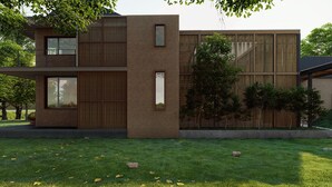 Ein modernes, zweigeschossiges Gebäude mit flachem Dach, großen Fenstern und einer Holzfassade.