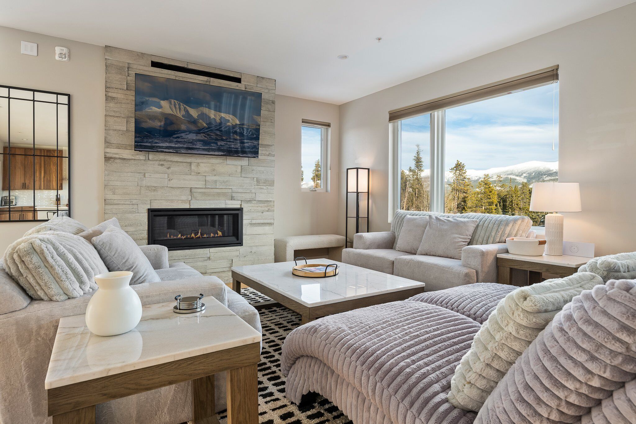 Smart TV, fireplace, video library