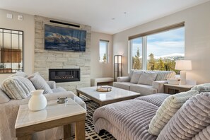 Smart TV, fireplace, video library