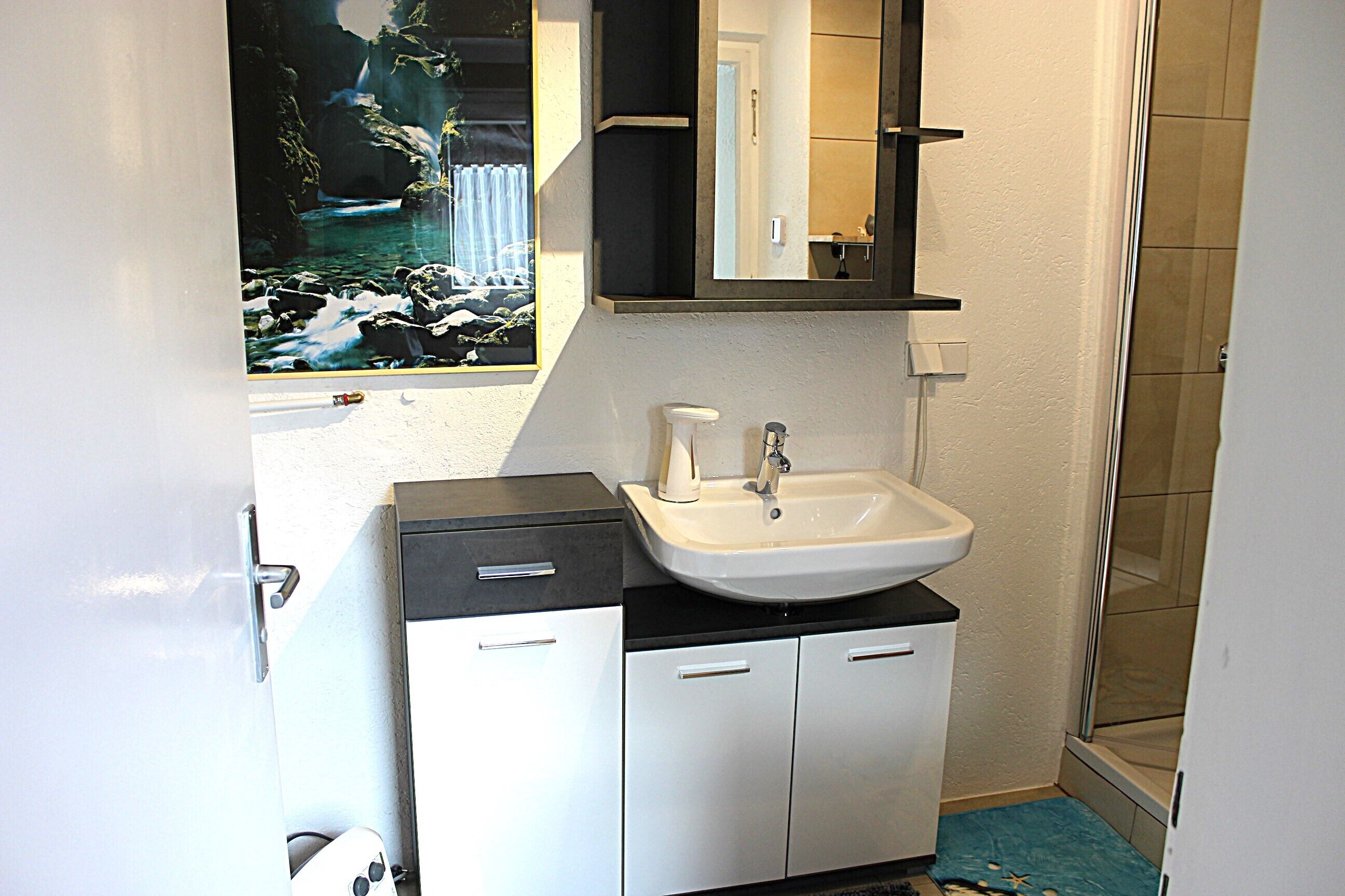 A bathroom with a sink, mirror, and shower.