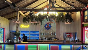 Una zona de bar con un letrero de neón, estantes llenos de botellas, plantas colgantes y un cantinero.