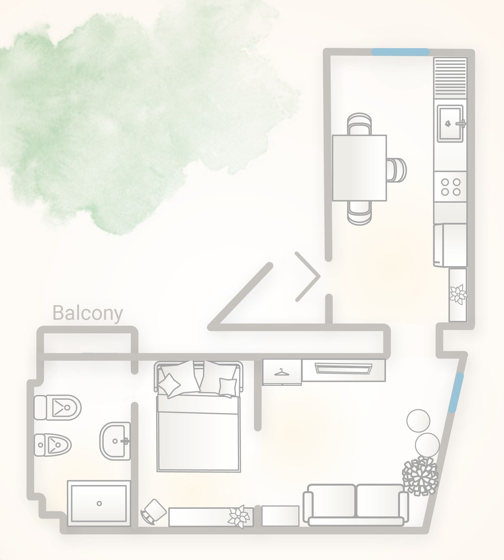 Plano de un cuarto de hotel con balcón, cama, escritorio, silla, armario y baño pequeño.