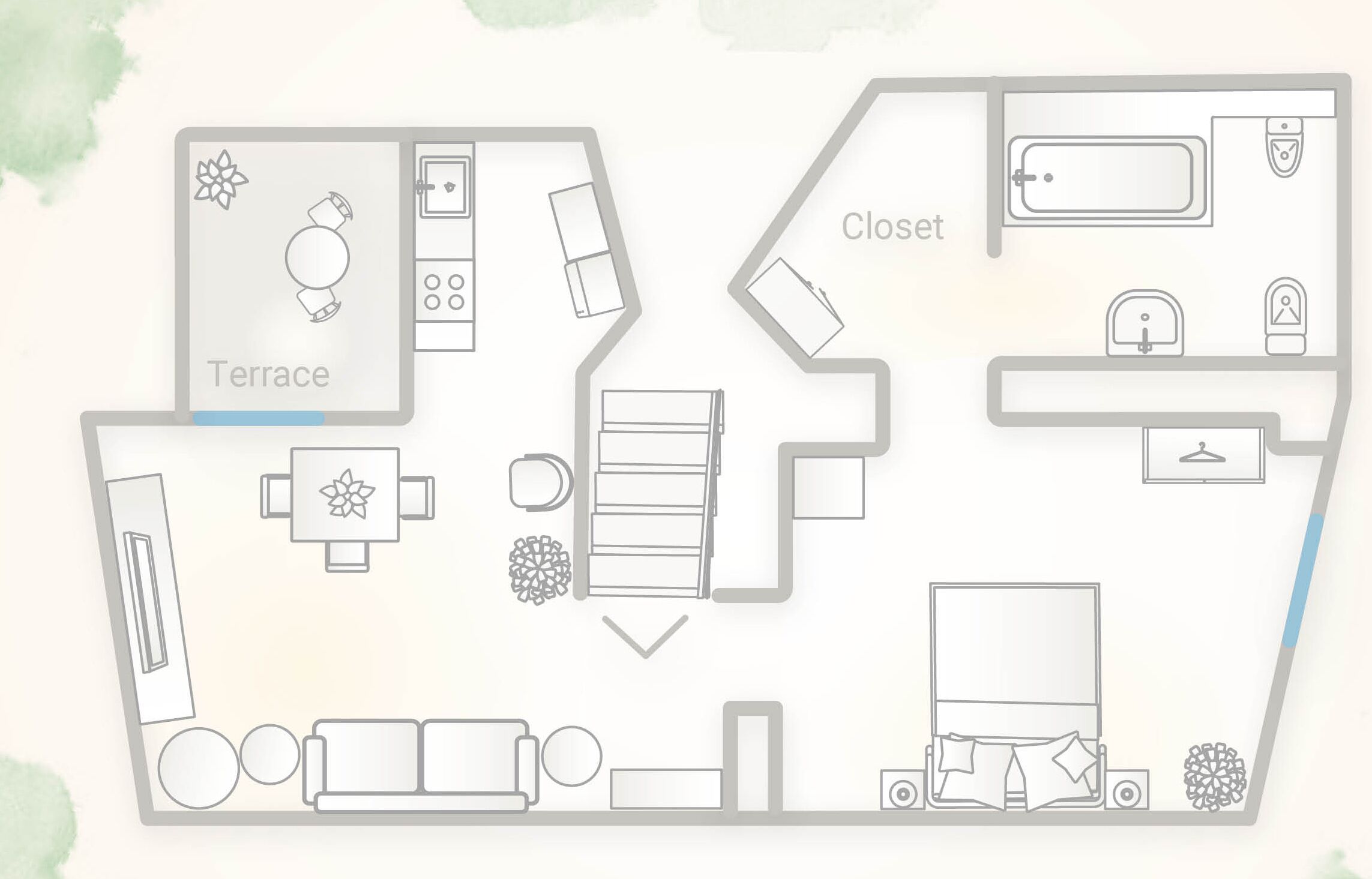 A floor plan of a hotel with a terrace, a closet, and a bathroom.