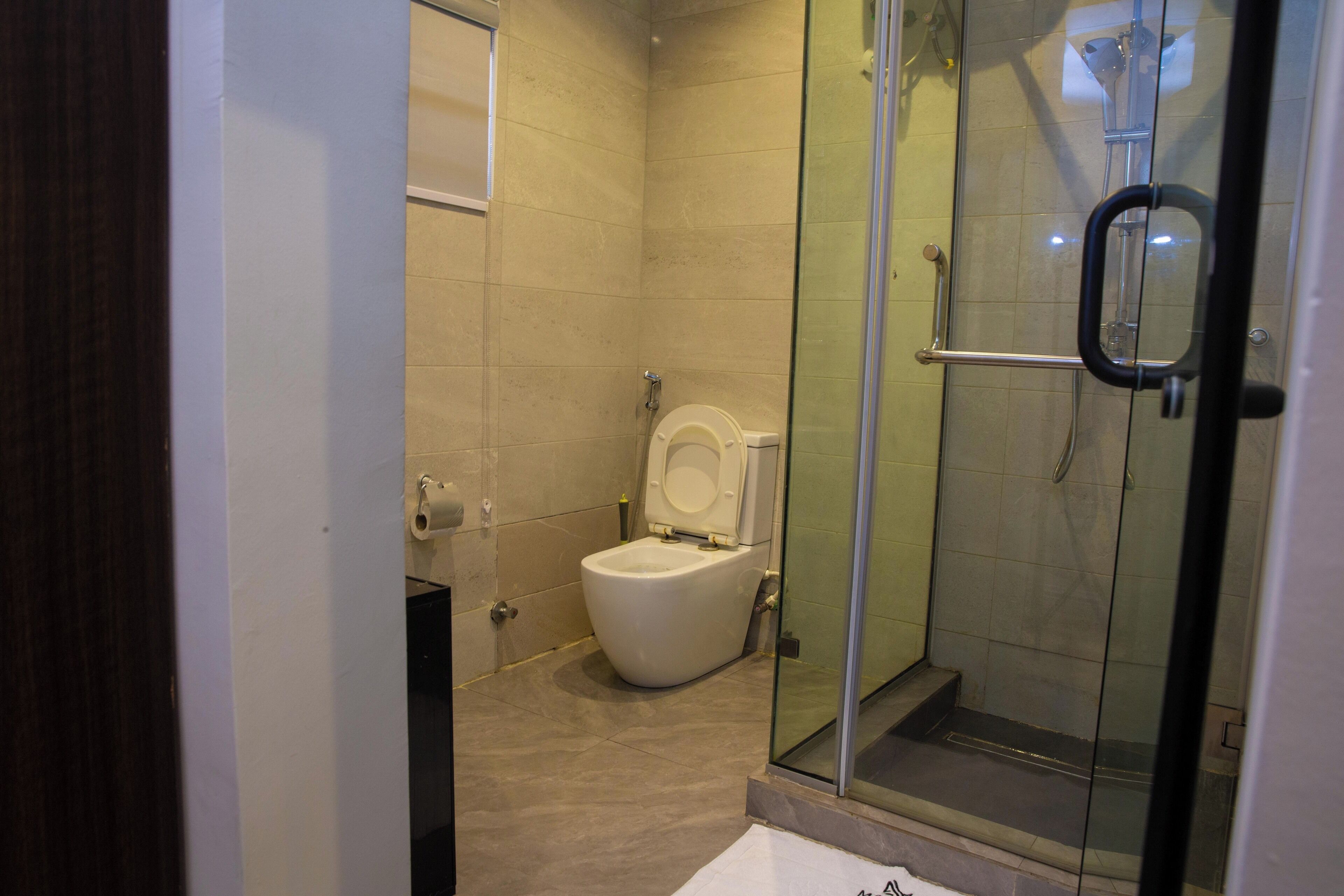 A modern bathroom with a glass-enclosed shower, a toilet, and a sink.
