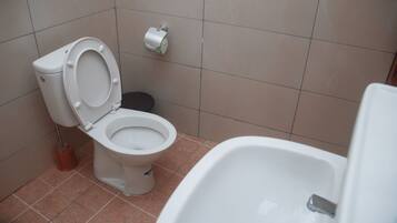 A bathroom with a toilet, bidet, and sink.