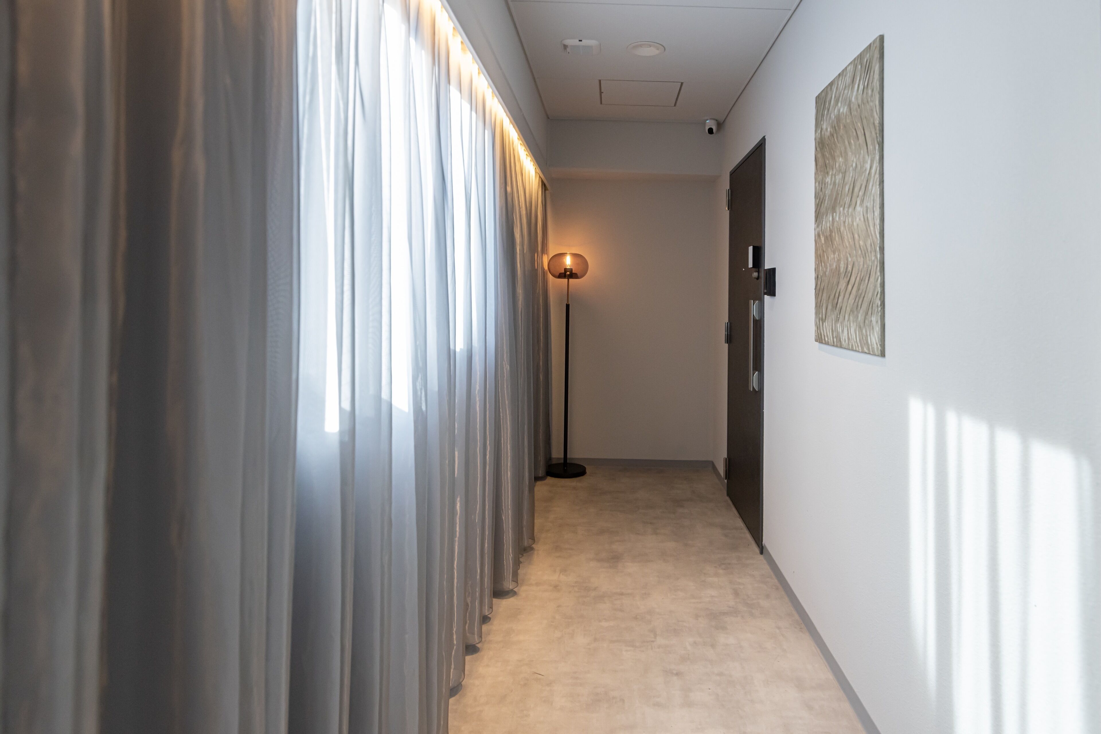 A hallway with a floor lamp, a door, and a wall-mounted artwork.