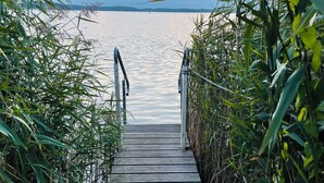 En træbro, der fører ud til en rolig sø, omgivet af frodig vegetation.