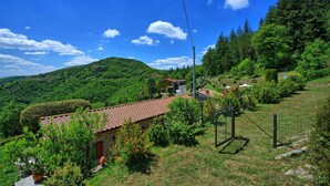 Une maison de campagne avec un toit recouvert de tuiles rouges, entourée d’une végétation luxuriante et de collines.