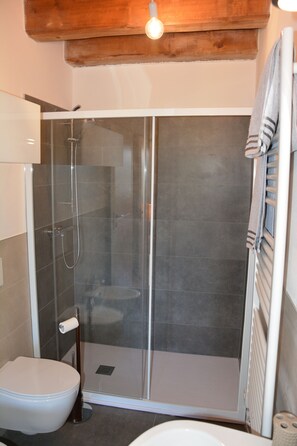Un baño moderno con ducha de mampara de vidrio, inodoro y perchero para toallas.