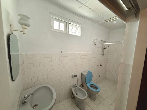 A bathroom with a toilet, bidet, and sink. There are two windows and a shower. - Cottage 88 (Nuwara Eliya)