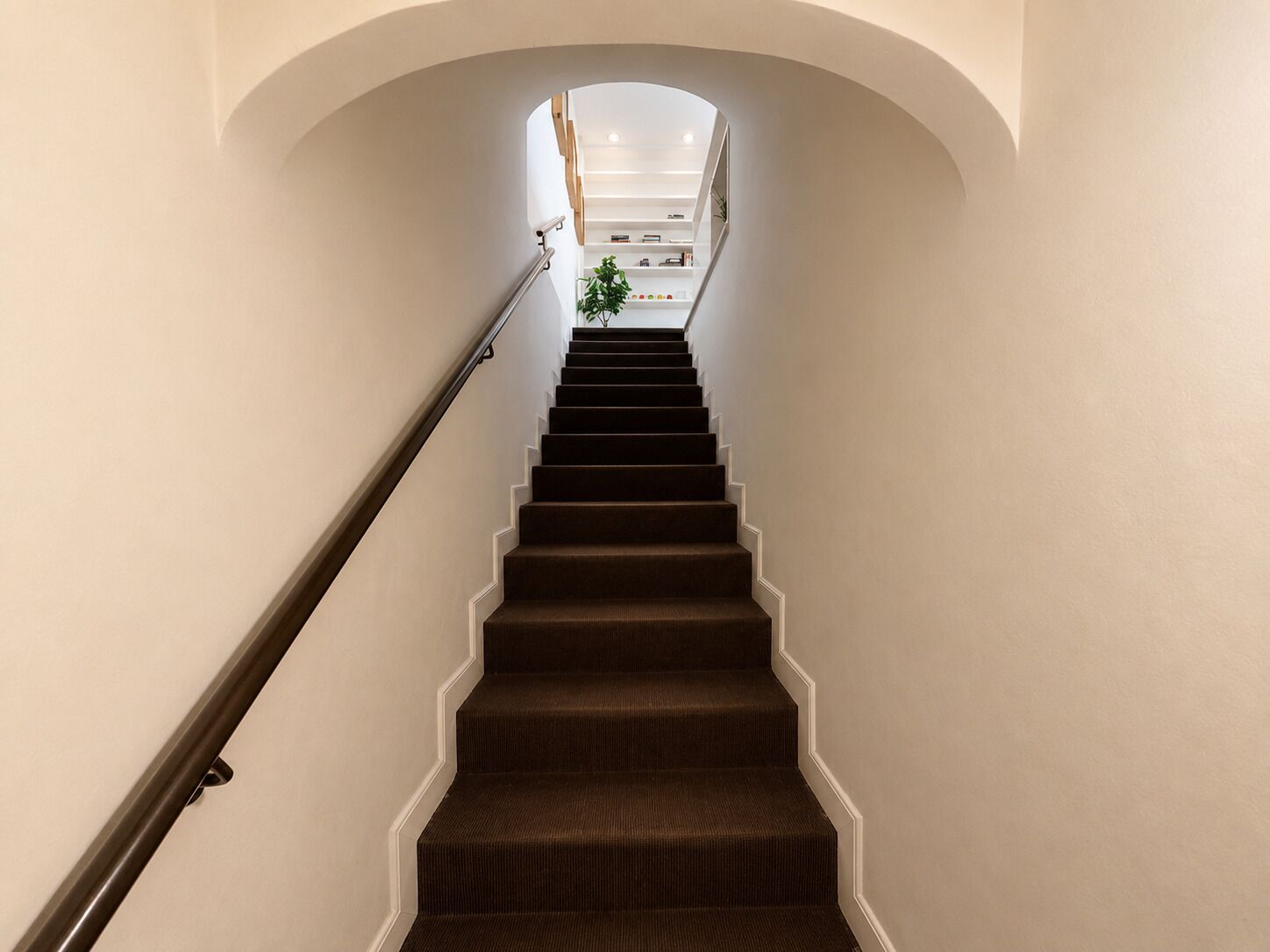 Un escalier avec une rampe menant à un palier où se trouvent une plante et une étagère.