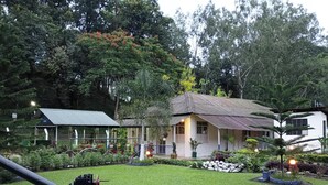 A rustic house surrounded by lush greenery, a small garden with a lawn, and a water pump in the foreground.