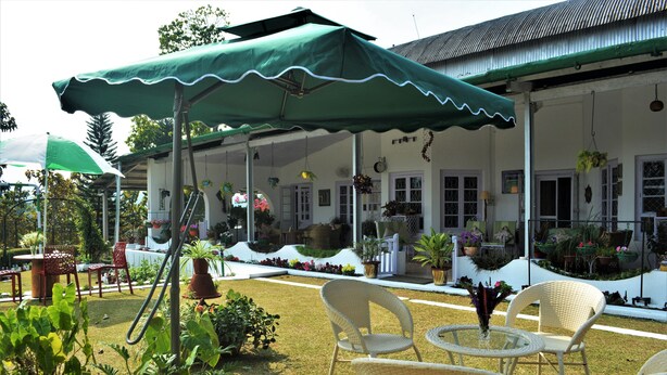 A covered outdoor seating area with wicker chairs and a table, surrounded by potted plants and a well-maintained lawn.