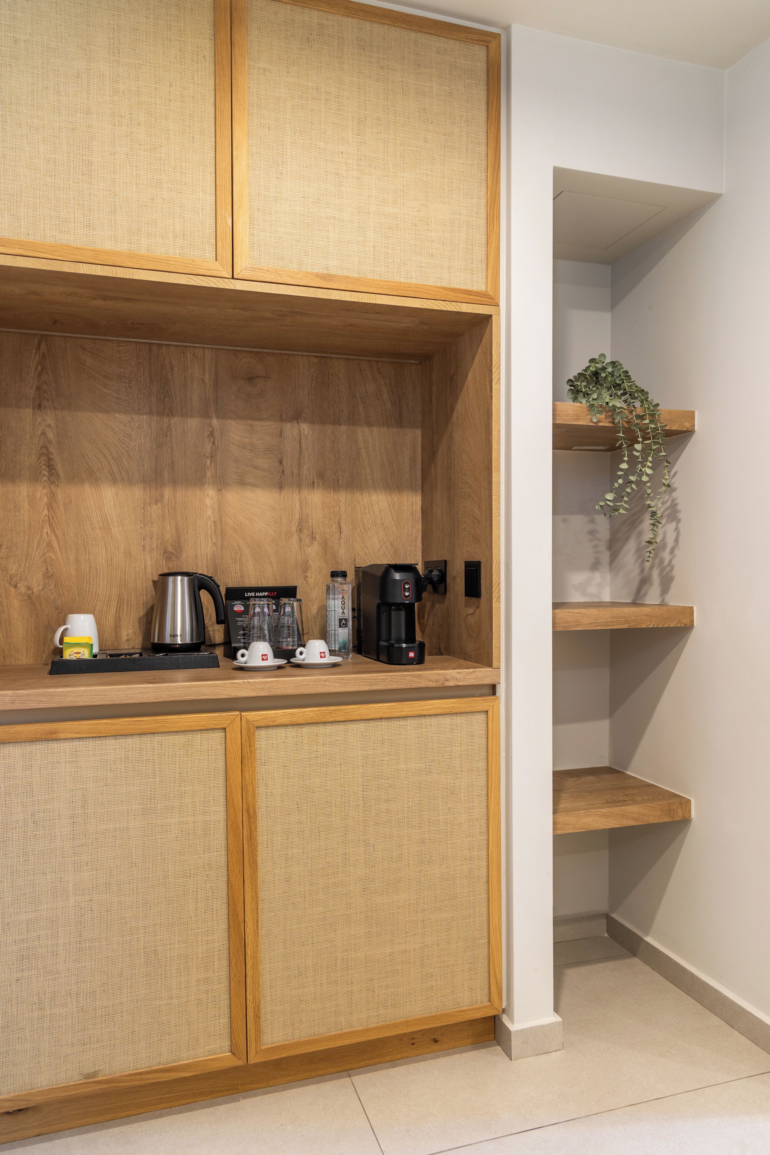 A kitchenette with wooden cabinets, a coffee maker, and a plant on a shelf.