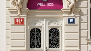 Fachada de edificio con una amplia entrada en arco, un letrero que dice "WELLNESS" y dos números de puerta visibles: 1593 y 19.