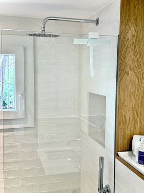 Shower, hair dryer, towels, soap
