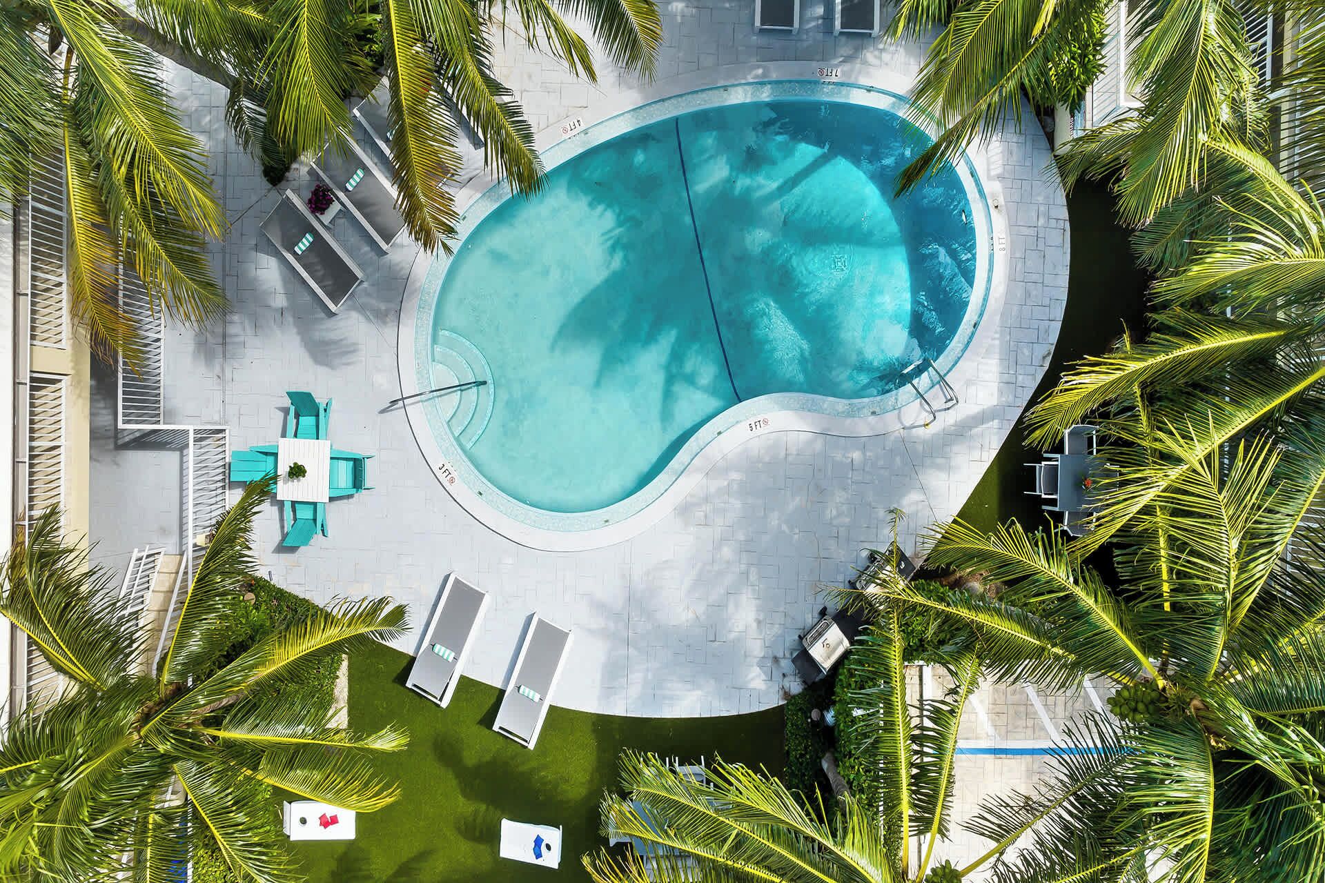 Eine Vogelperspektive auf einen Swimmingpool, umgeben von Palmen und einer weißen FliesenTerrasse.
