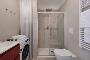 Shower, hair dryer, bidet, towels