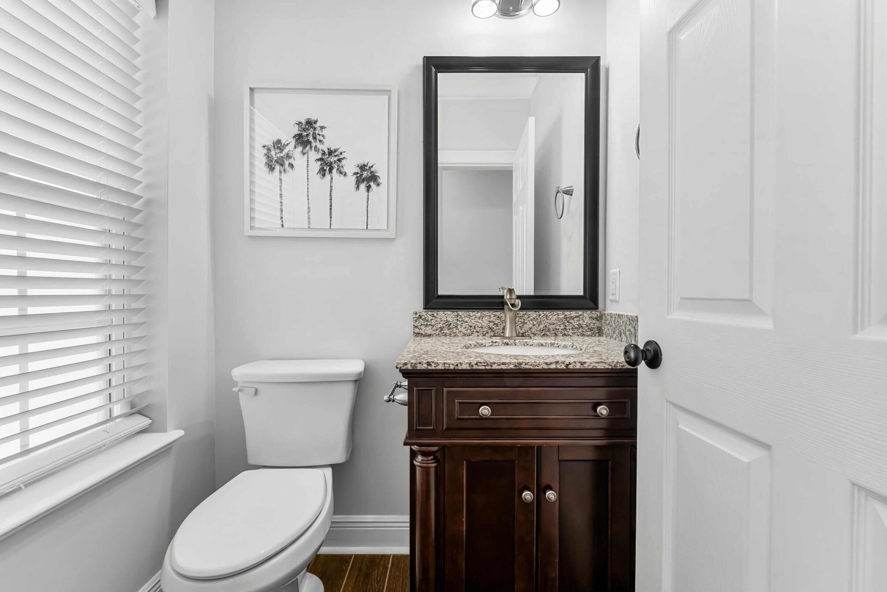 A bathroom with a toilet, vanity with a mirror, and a framed picture on the wall.