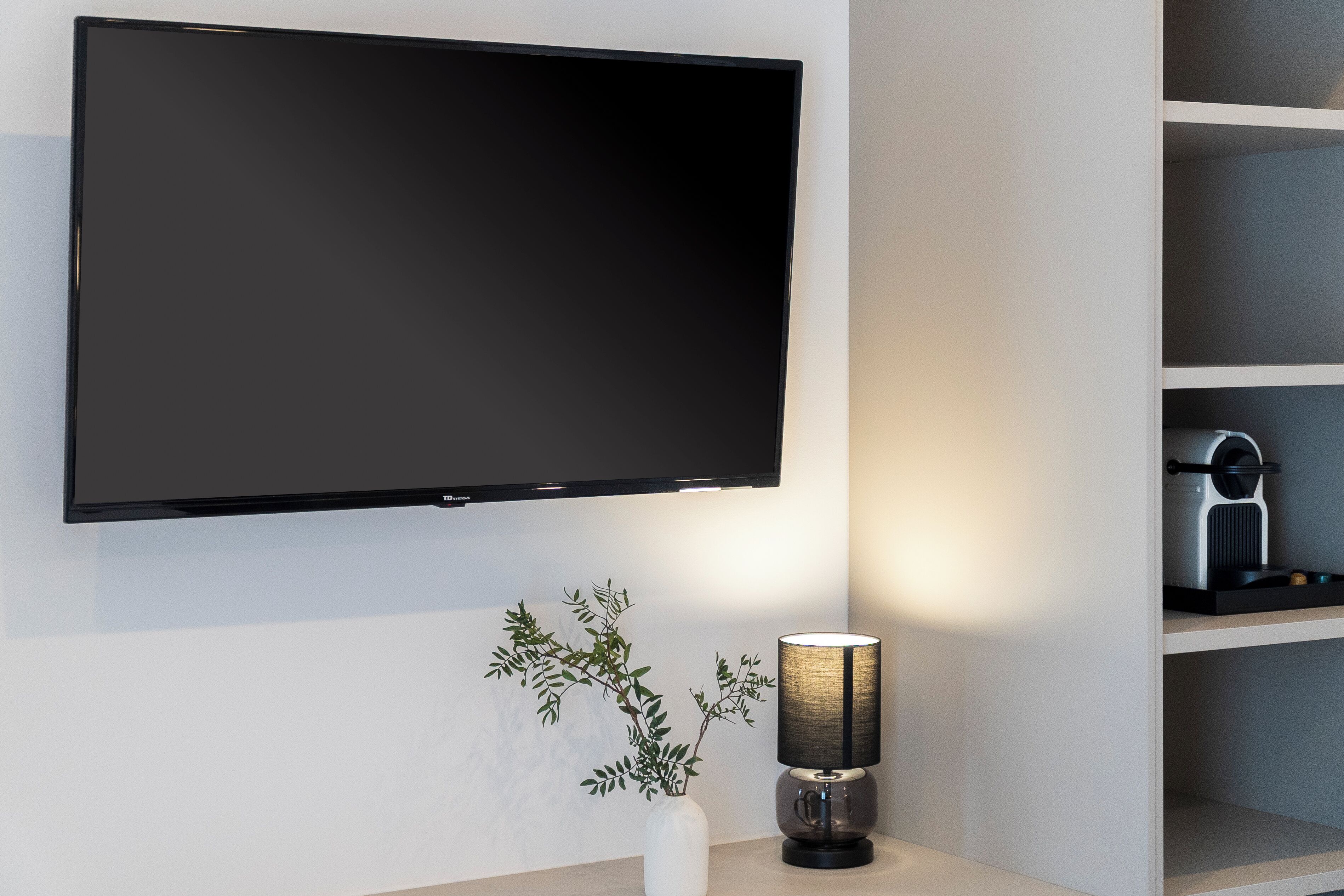 En moderne stue med et fladskærms-tv monteret på væggen, en pyntplante i en hvid vase og en bordlampe med skærm i sort.