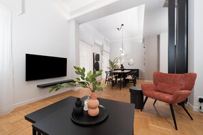 Deluxe Apartment, Kitchen | Living area | 47-inch Smart TV with cable channels - Spacious & Stylish Athens Apartment - Walk To Metro (Athens)