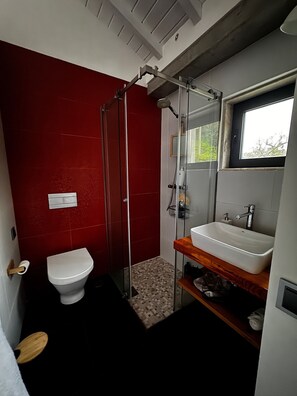 Hair dryer, towels, soap, shampoo