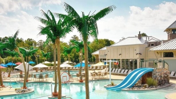 Una piscina con uno scivolo, lettini e palme.