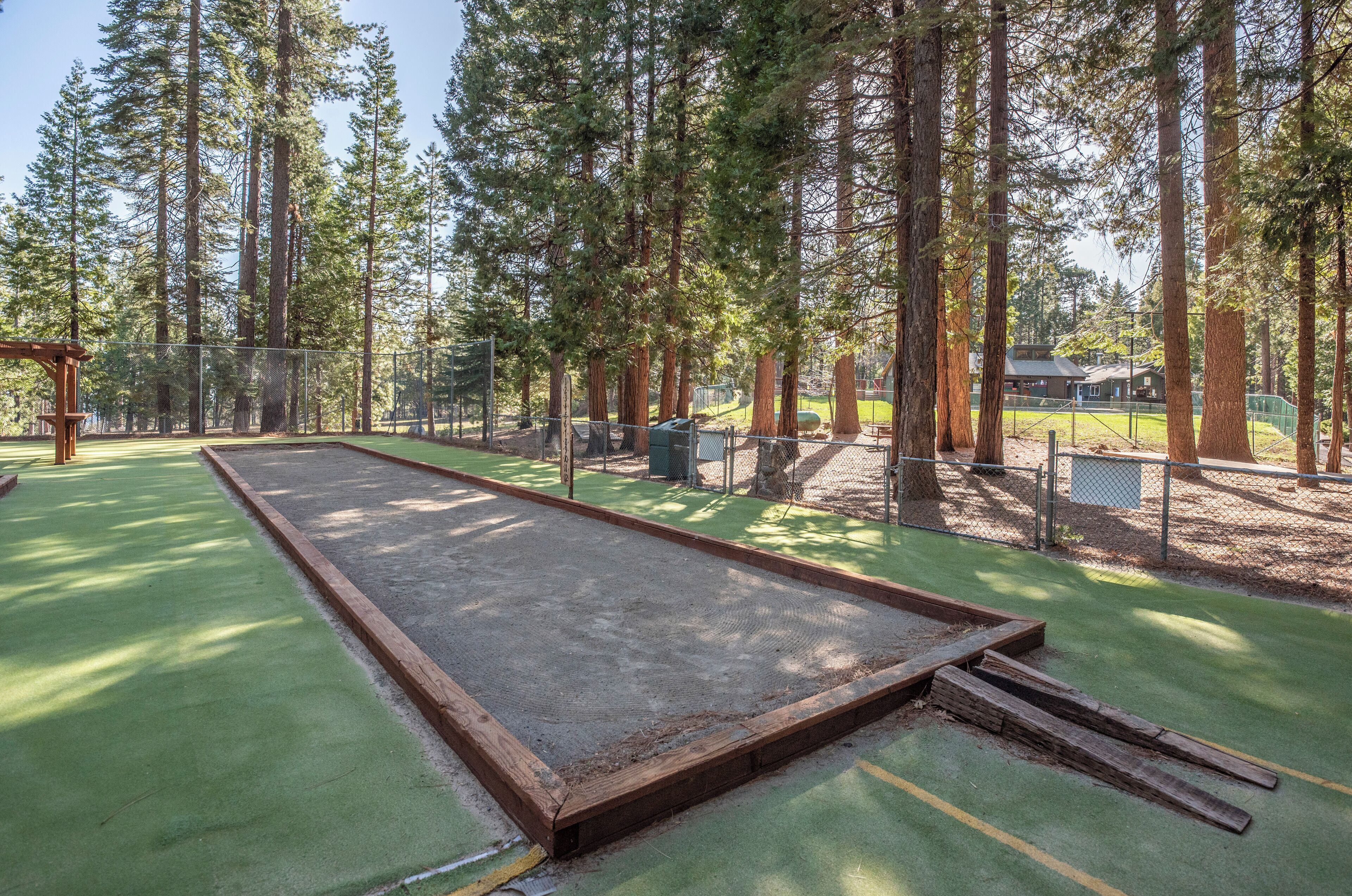 Ein Shuffleboard-Spielfeld, umgeben von hohen Bäumen, mit einem eingezäunten Bereich und einem Gebäude im Hintergrund.