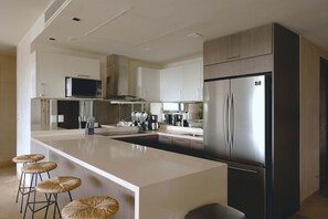 Frigorífico, microondas, horno y placa de cocina