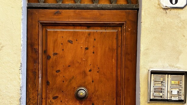 A wooden door with a metal grille and a numeric plaque indicating the address. - DEL RE FLORENCE HOME (Firenze)