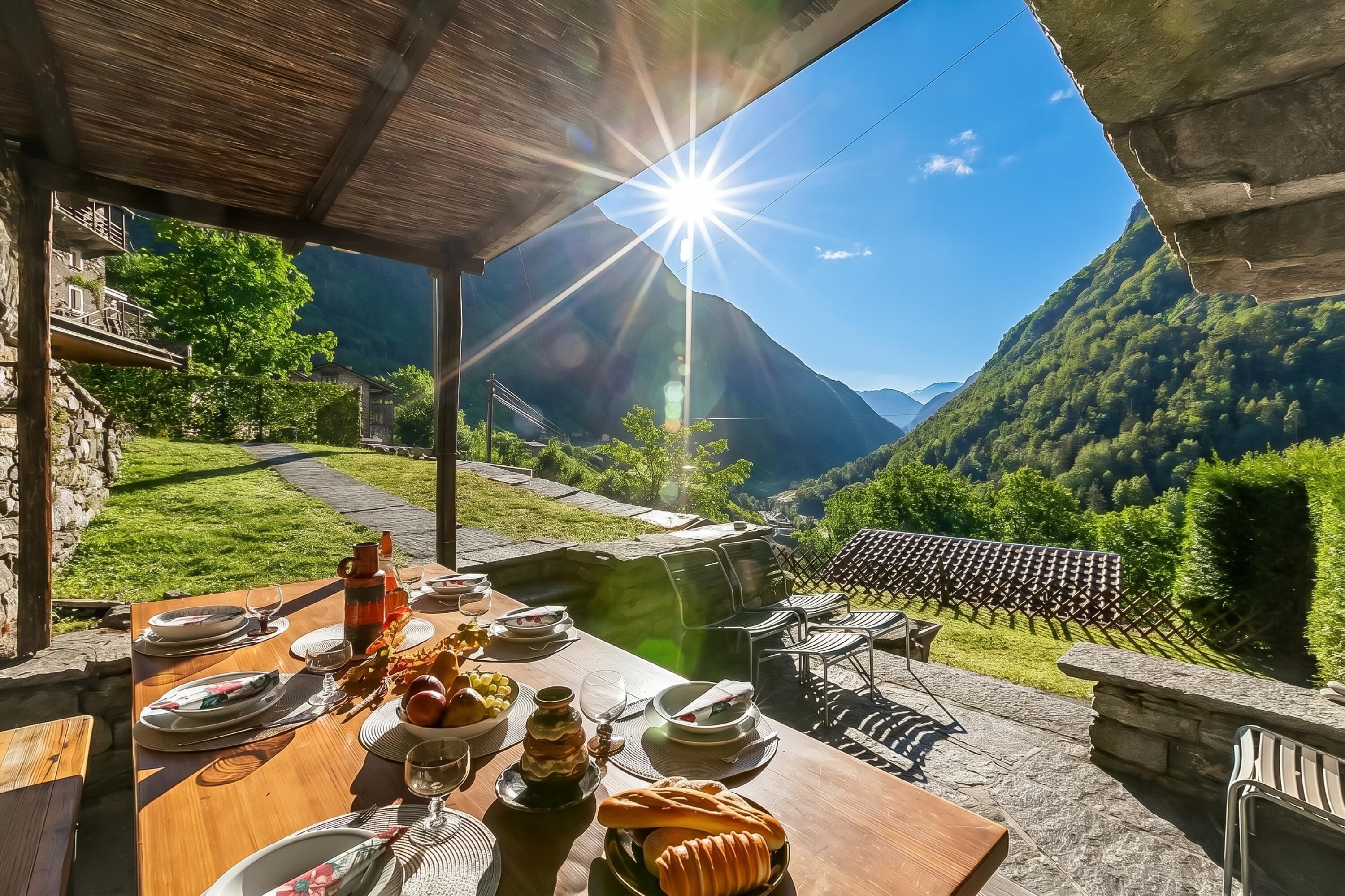 Familie chalet, meerdere slaapkamers, uitzicht op gebergte (Rustico Over The Bridge Verzasca 1) | Buiten dineren