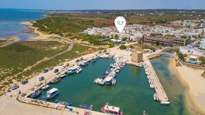Vista aérea de un puerto deportivo costero con barcos amarrados, un puente que lo conecta con un pueblo, y una vista despejada del paisaje circundante.