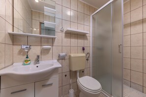 Une salle de bain avec un lavabo, des toilettes et une douche.