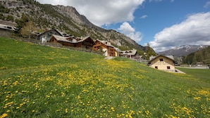 A rural mountain village with traditional wooden houses, a school building, and a lush green field with yellow flowers. - Appartamento Quota 1800 for 4 + Garage + ski Storage (Claviere)