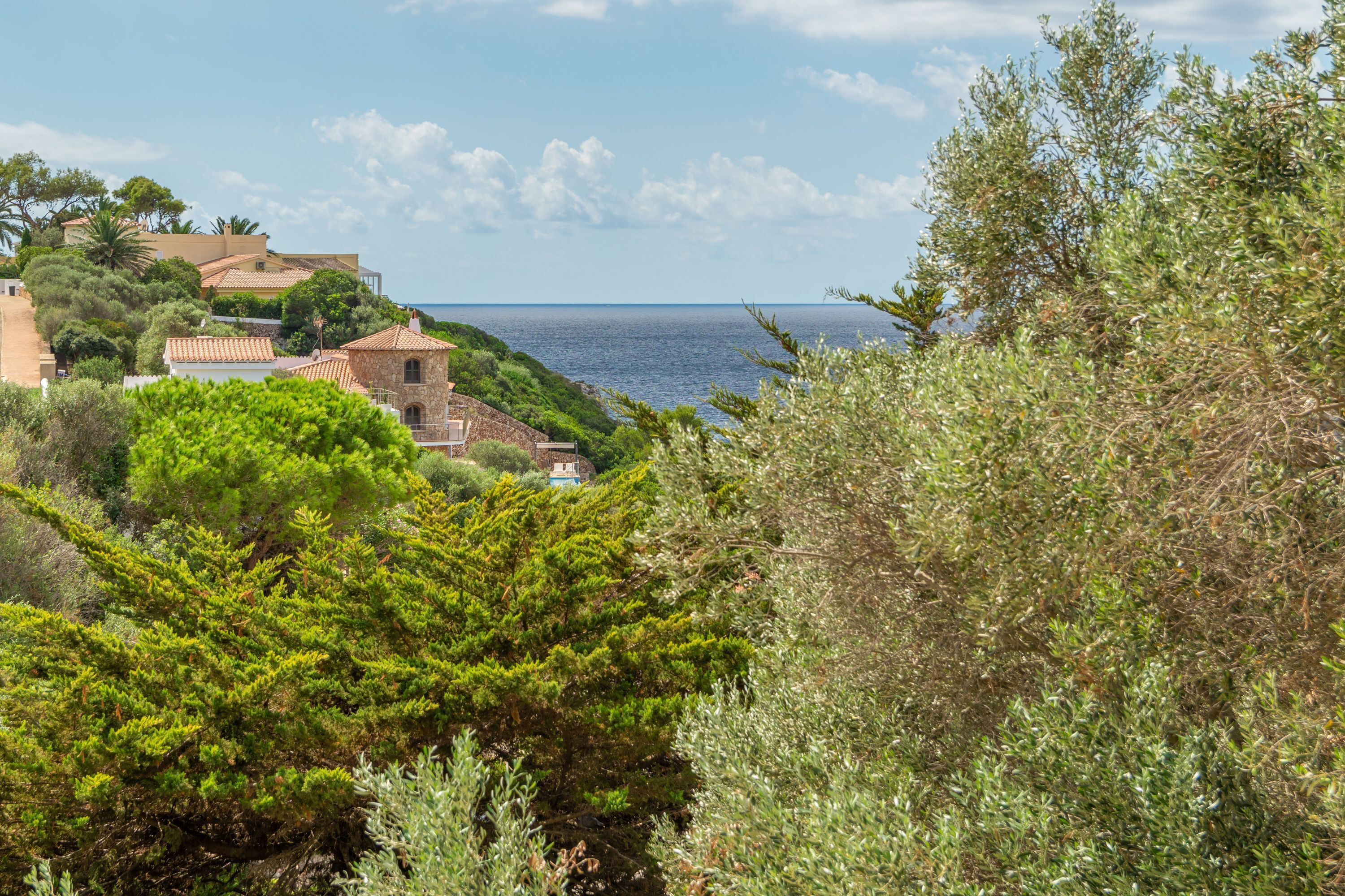 A coastal view with buildings, greenery, and the sea.
