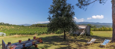 Un espacio al aire libre con césped, una mesa y sillas de madera, un árbol grande y vistas a colinas distantes.