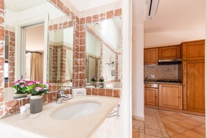 A bathroom with a large mirror, a sink, and a shower area. - Ceraso Sunset in Gardone Riviera (Olbia)