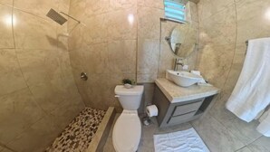 A bathroom with a shower, toilet, sink, and a small mirror.