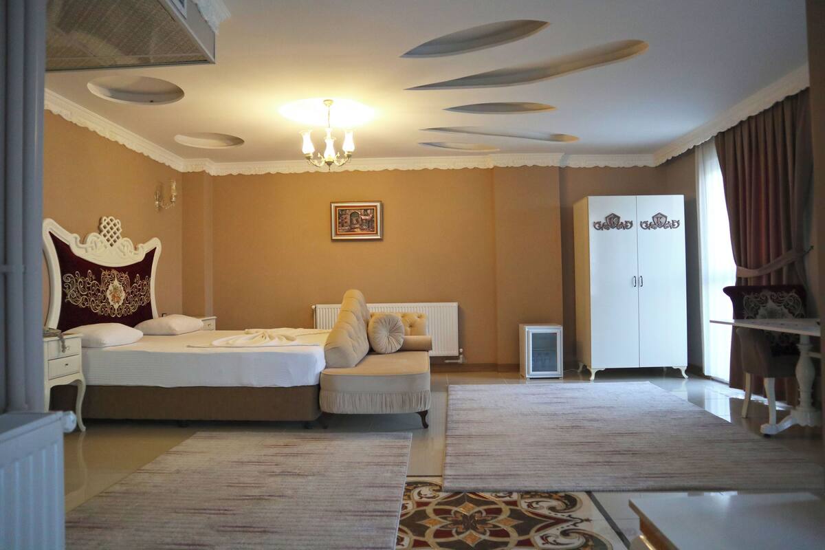 Ein Schlafzimmer mit einem großen Bett, einer Couch, einem Kleiderschrank und einer Heizung.