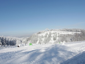 A snowy landscape with a clear sky, a snow-covered hill, and a bridge in the distance. - Am S Dhang 27 Winterberg Cozy Holiday Home Near Center ski Area (Winterberg)